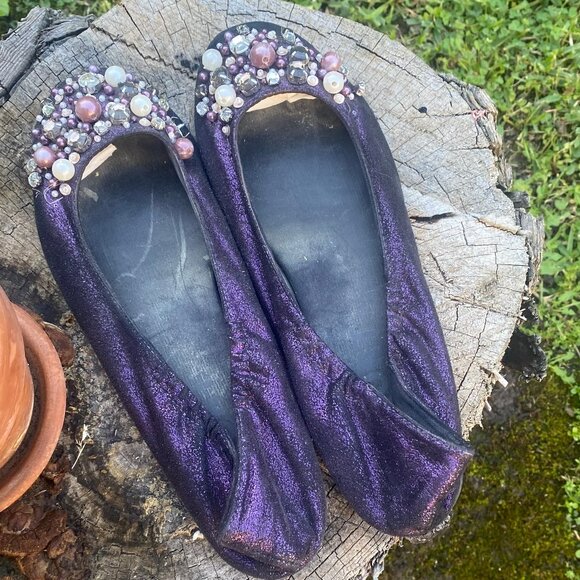 Report Shoes - Women's Size 8.5 Purple Satin Ballerina Shoes with Decorative Pearls and Beads